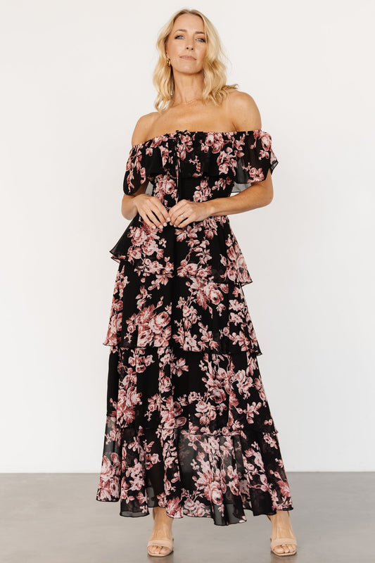Carina Off Shoulder Maxi Dress | Black + Mauve Floral