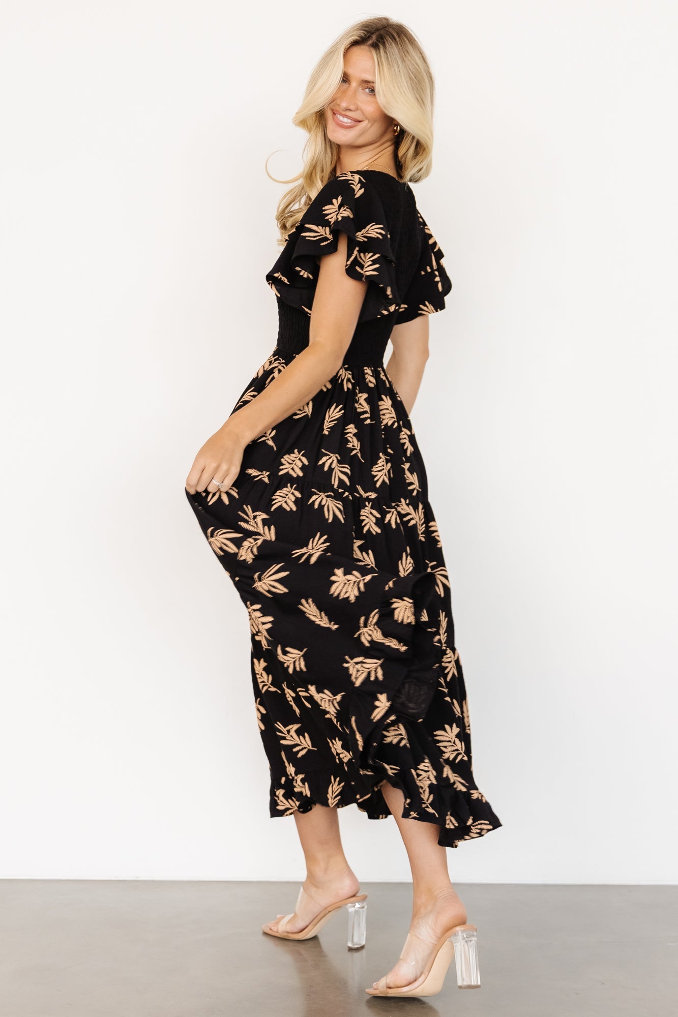 Estelle Smocked Midi Dress | Black + Tan Print
