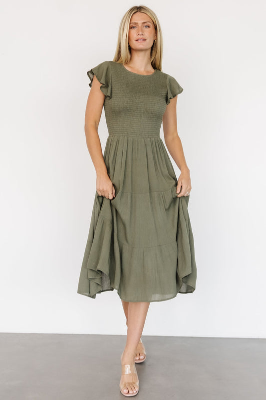 Loretta Smocked Midi Dress | Dark Sage
