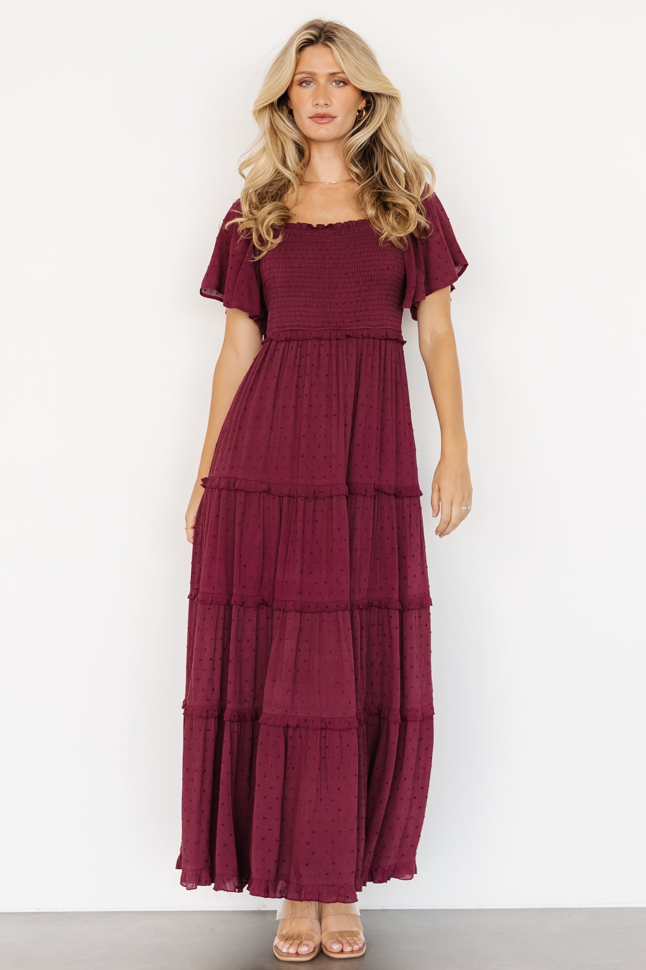 Lenora Smocked Dotted Maxi Dress | Wine