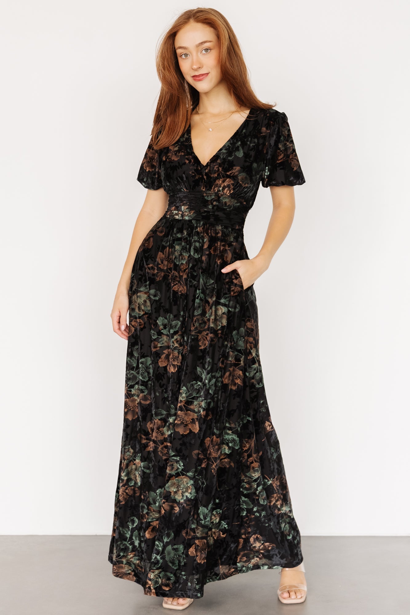 Leslie Velvet Maxi Dress | Black + Deep Jade Floral