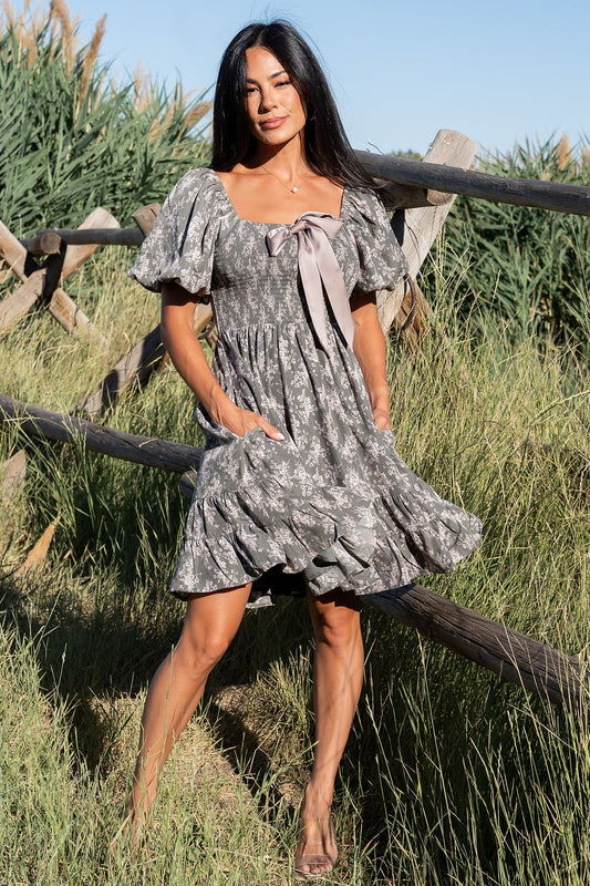 Anastasia Bow Short Dress | Dusty Olive Print