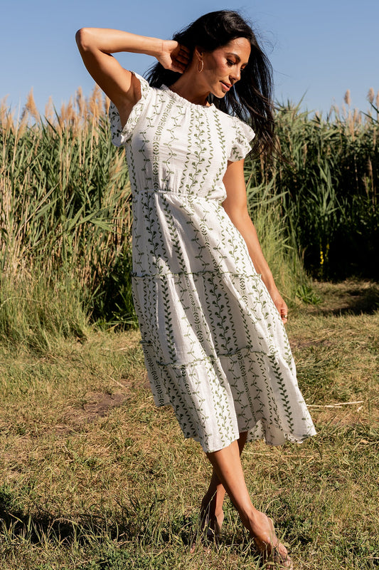 Frida Embroidered Midi Dress | White + Green Print