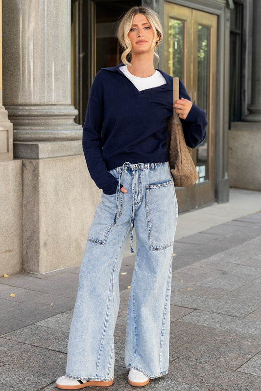 Skyler Drawstring Wide Leg Jeans | Light Wash