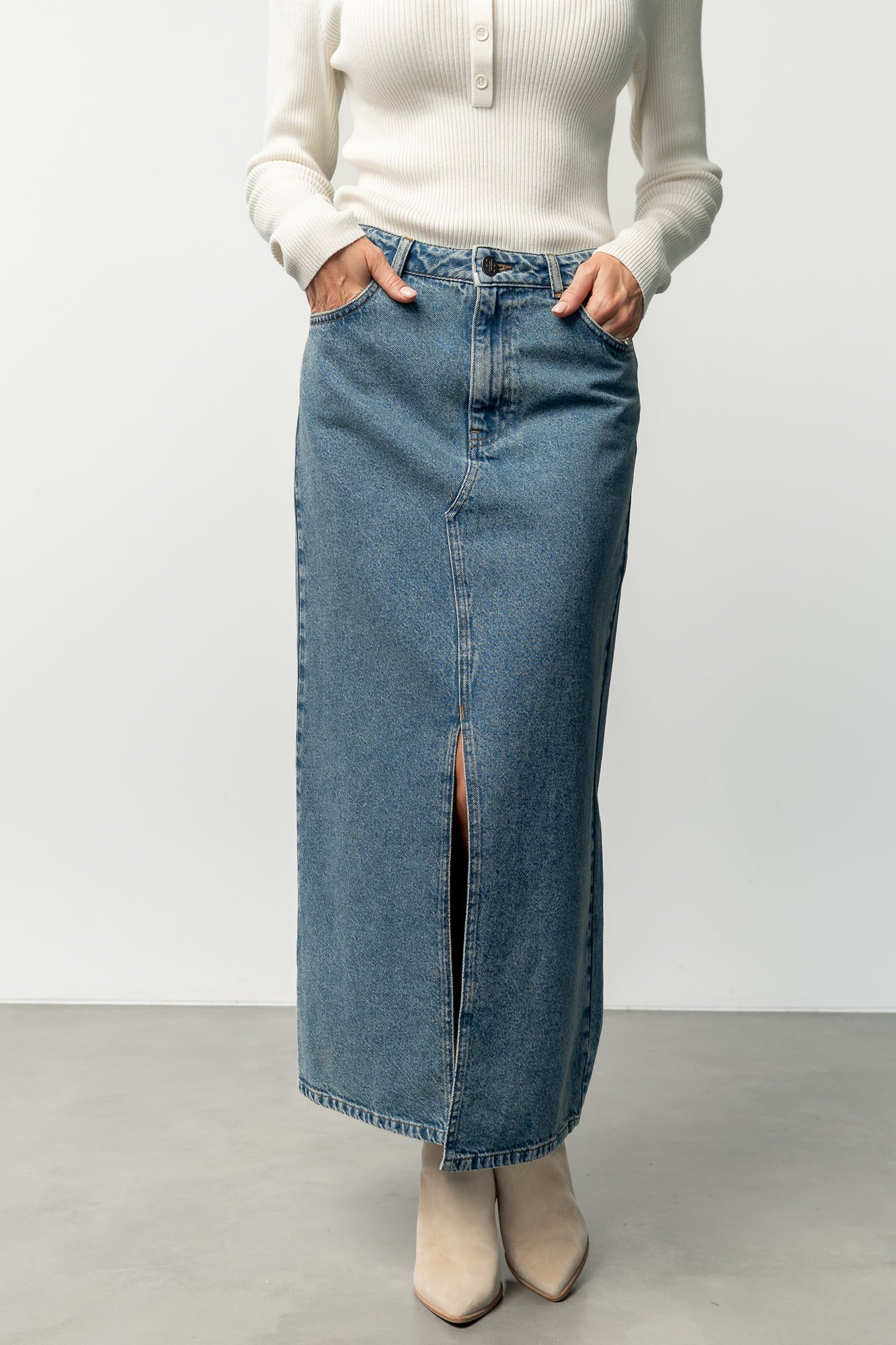 Aleksa Denim Midi Skirt | Medium Wash