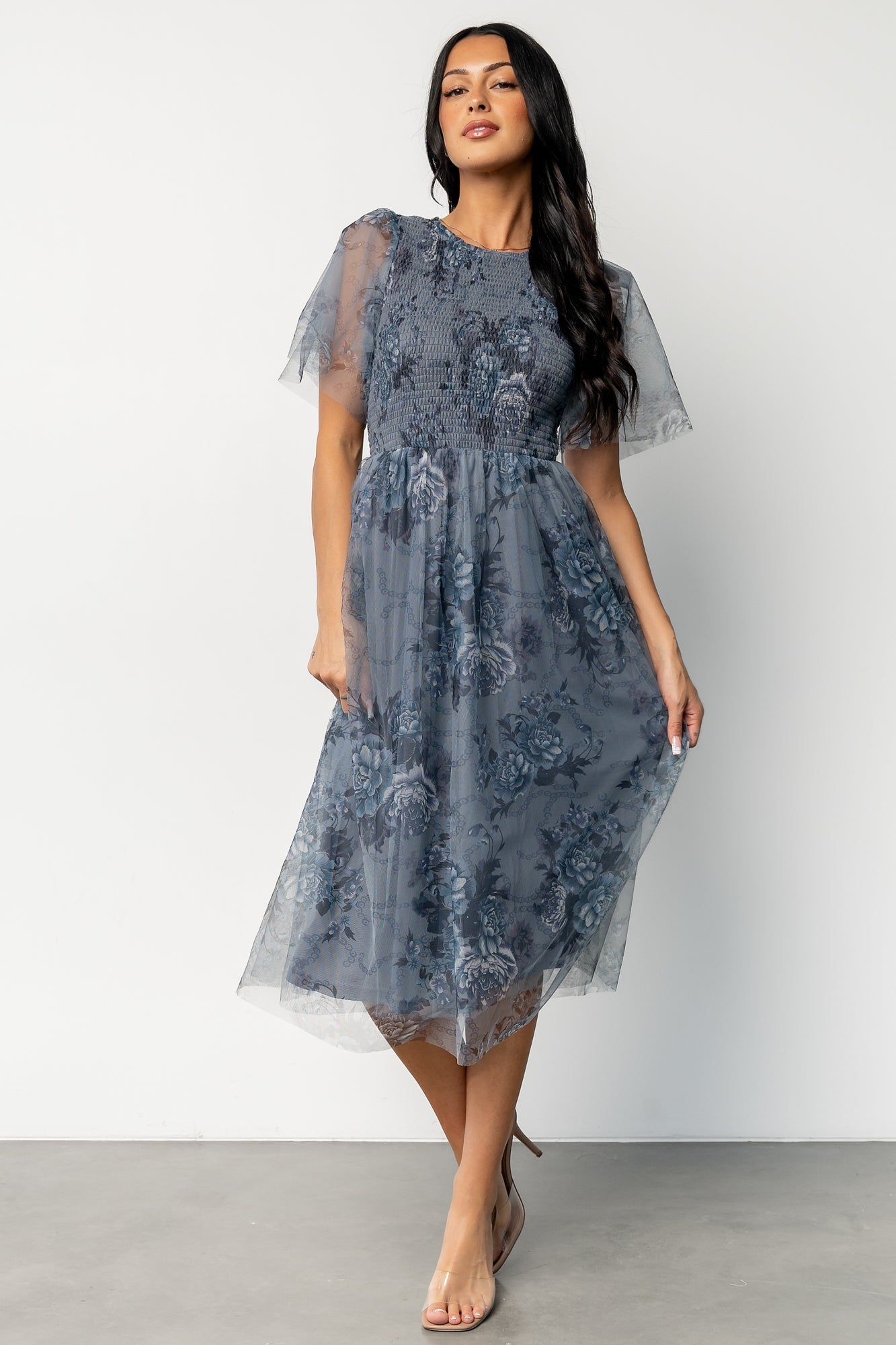 Josie Tulle Midi Dress | Dusty Blue Floral
