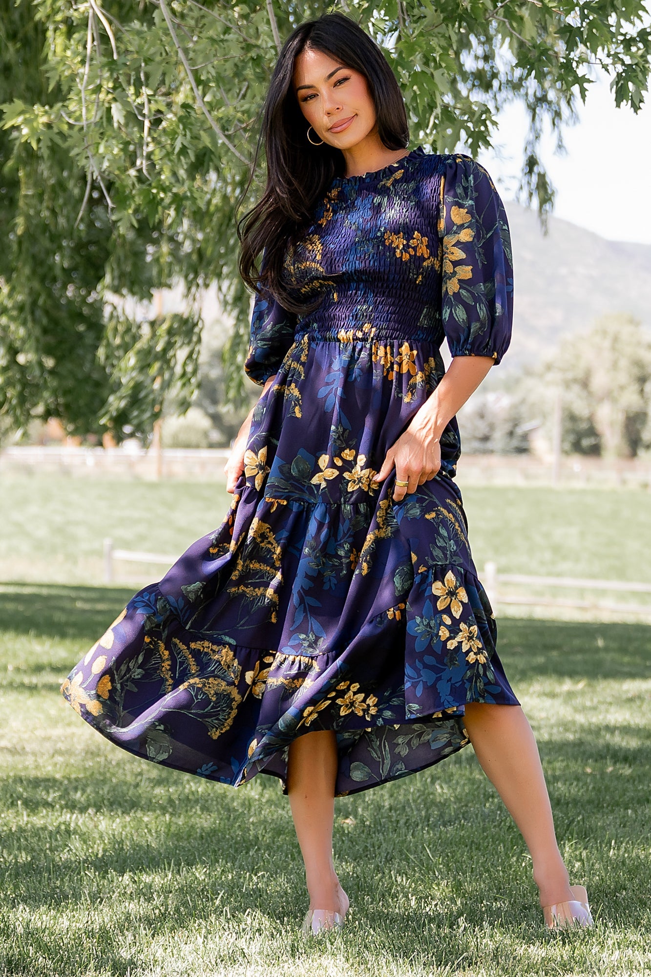 Lena Tiered Midi Dress | Navy + Gold Floral
