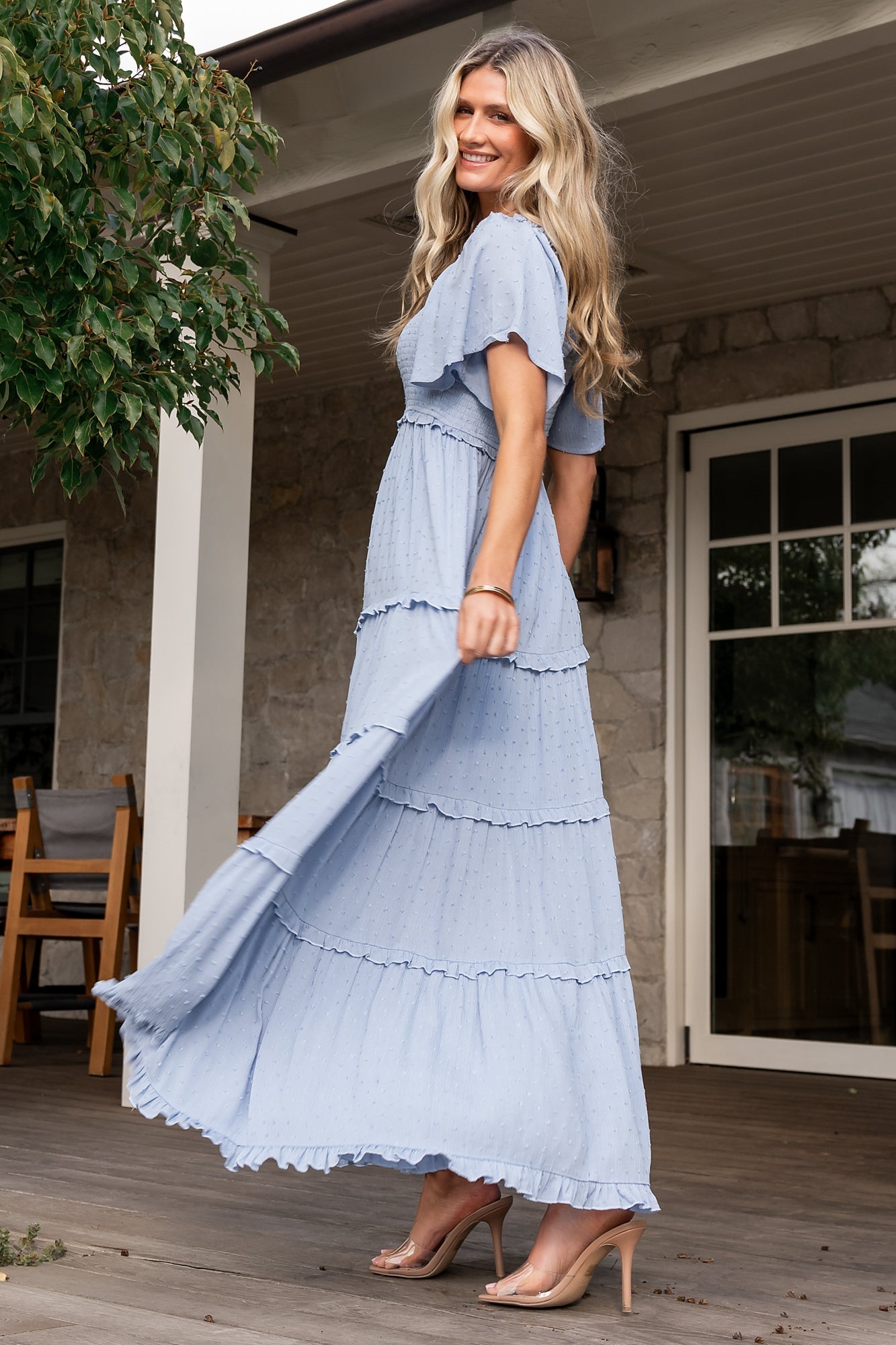 Lenora Smocked Dotted Maxi Dress | Dusty Blue