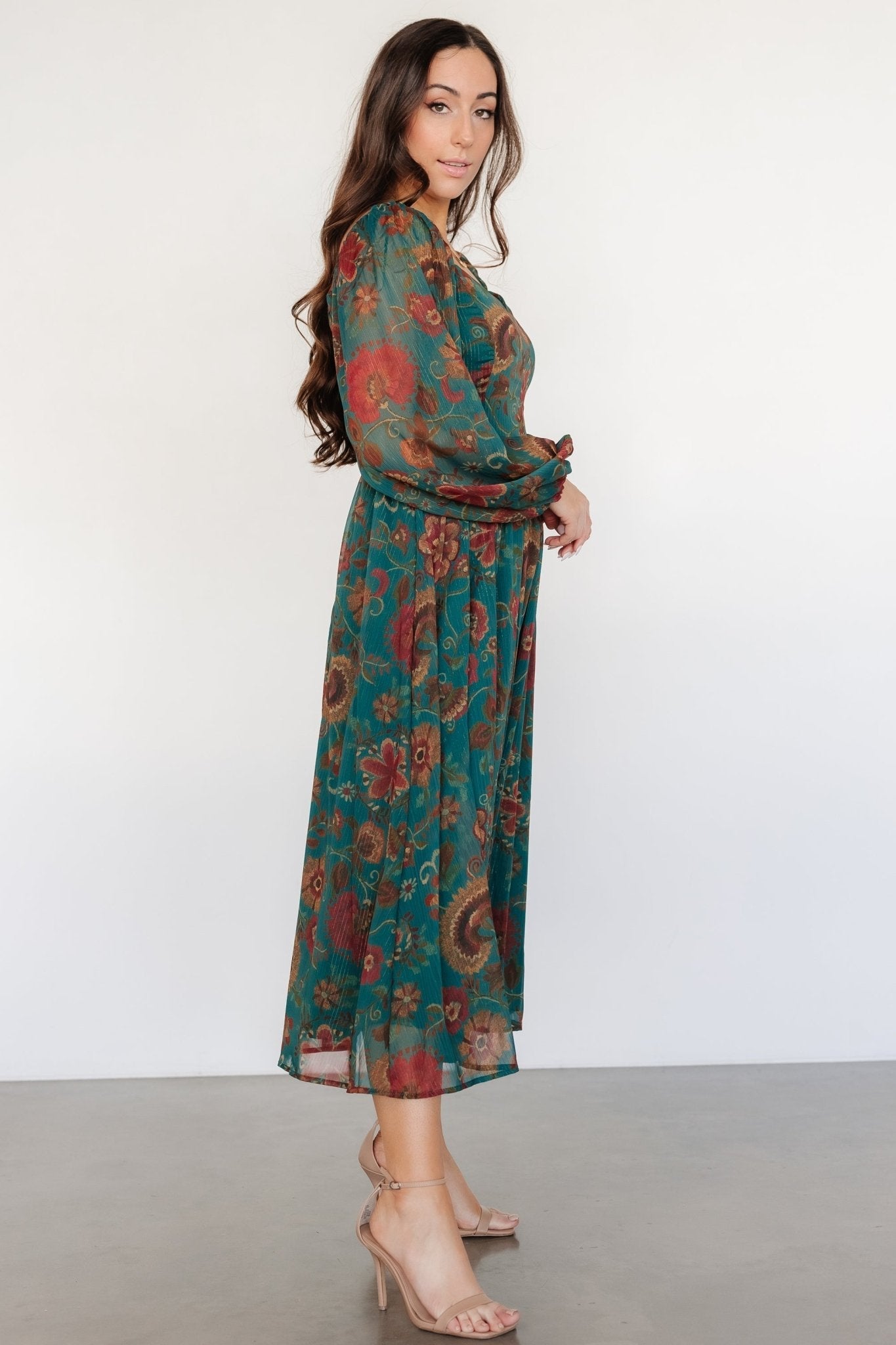 Babette Basque Waist Dress | Teal Multi Floral