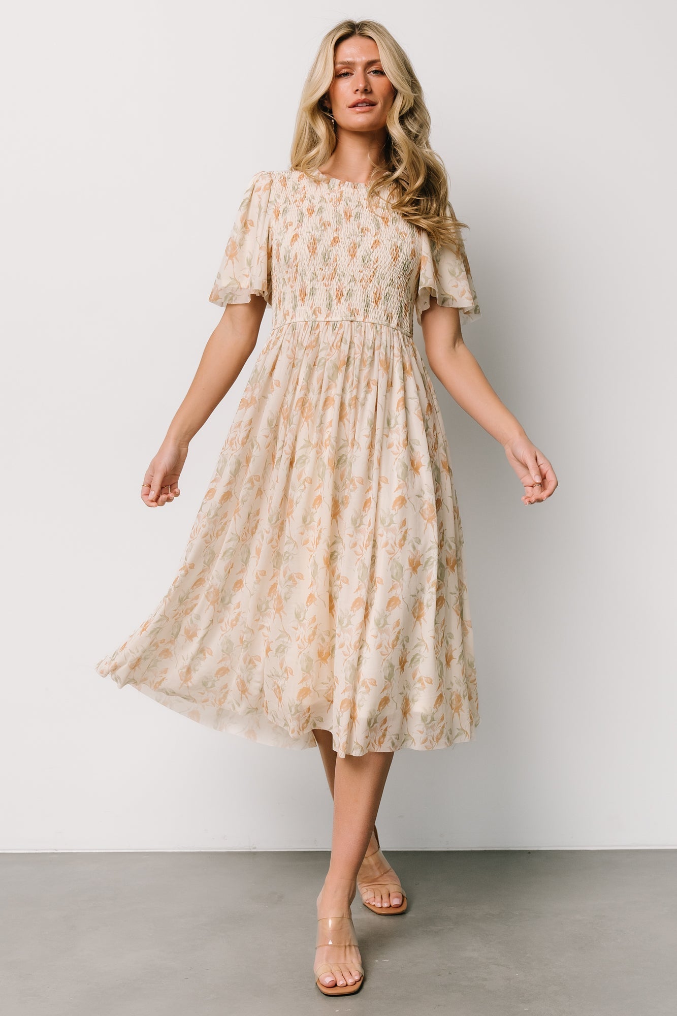 Bailey Smocked Midi Dress | Ivory + Golden Floral