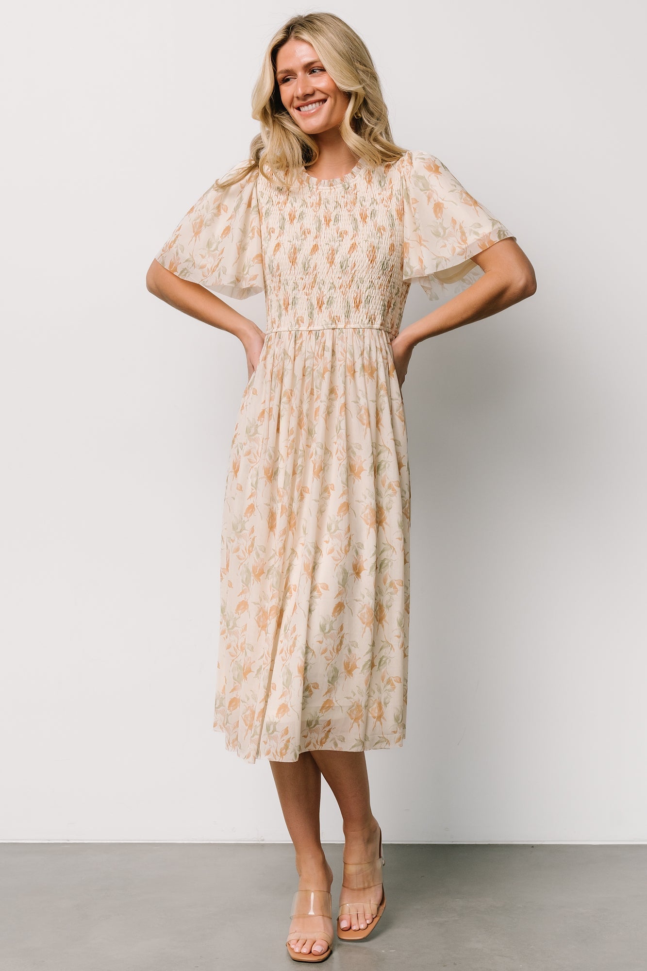 Bailey Smocked Midi Dress | Ivory + Golden Floral