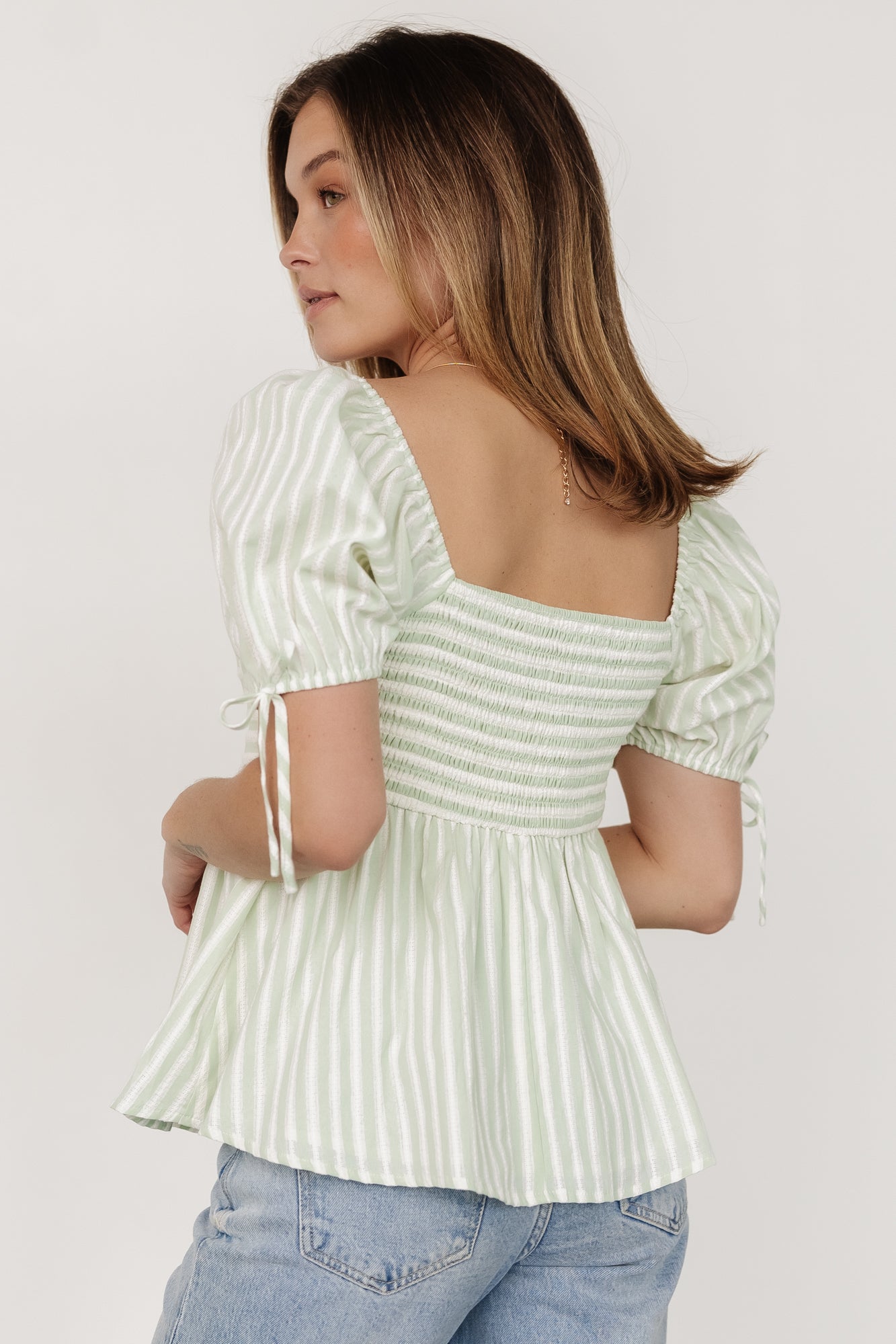 Betsy Peplum Top | Green+ White Stripe