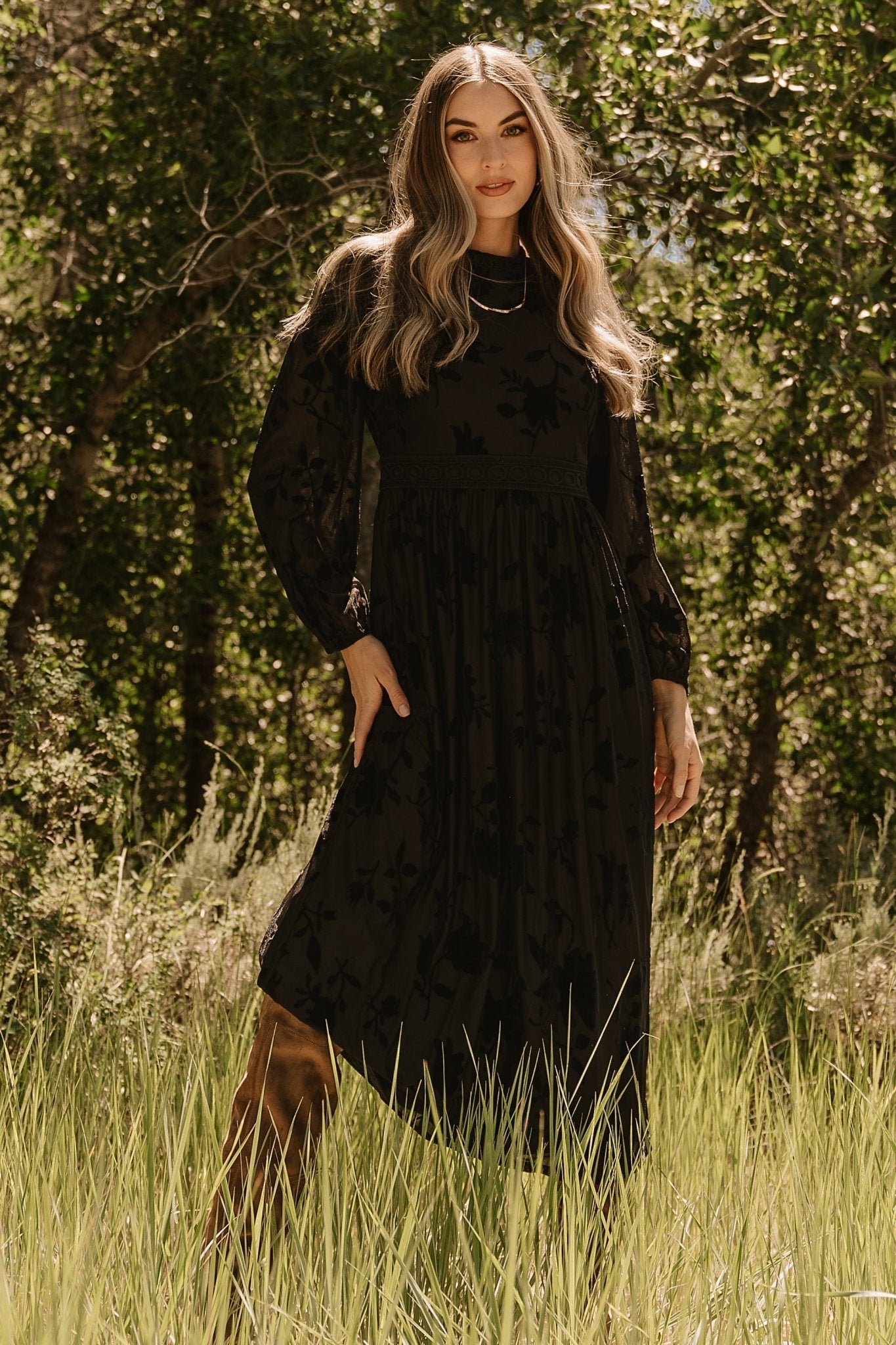 Christine Velvet Embossed Midi Dress | Black