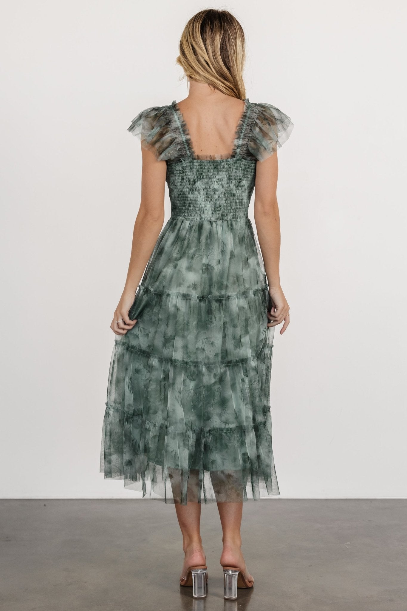 Clementine Tulle Midi Dress | Dusty Green Print