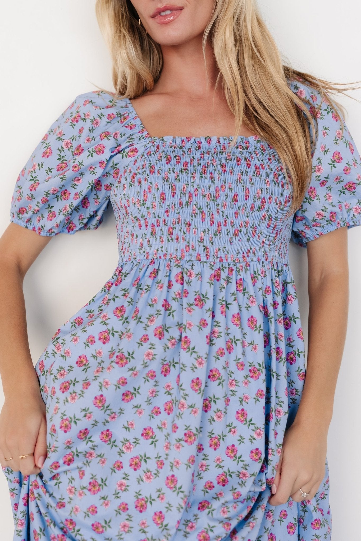Haddie Smocked Midi Dress | Light Blue + Rose Floral