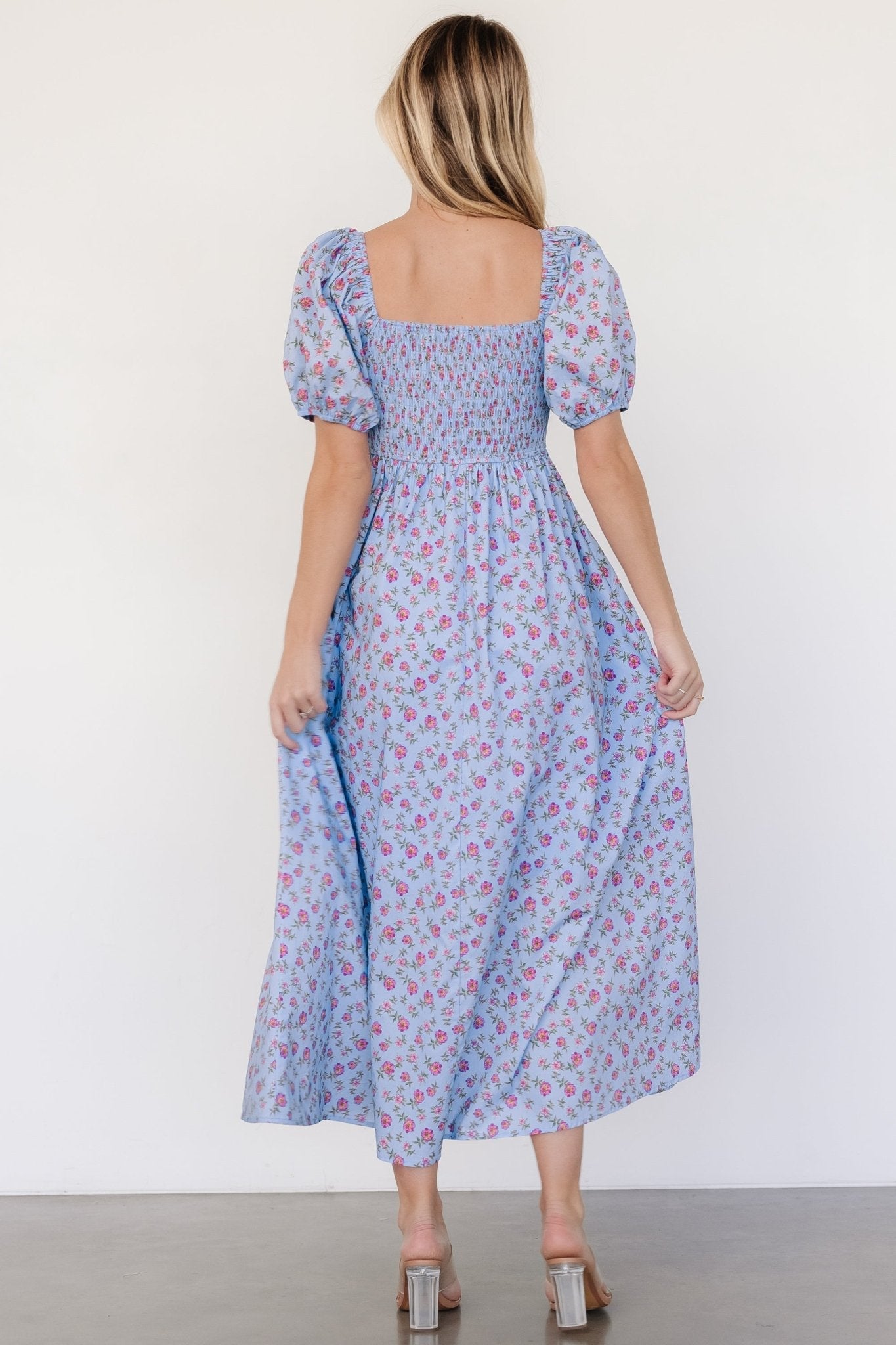 Haddie Smocked Midi Dress | Light Blue + Rose Floral