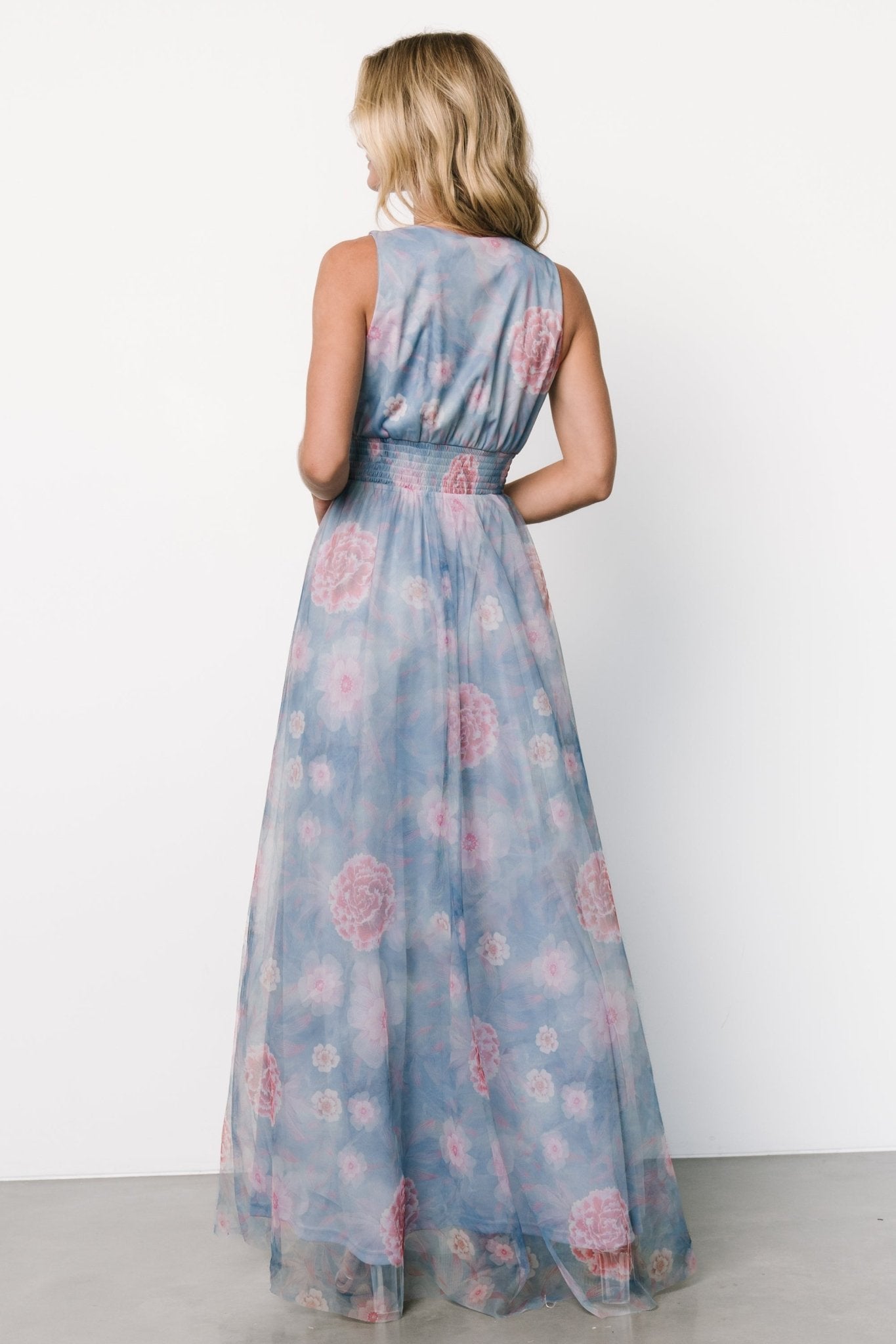 Kamila Tulle Maxi Dress | Light Blue + Pink Floral