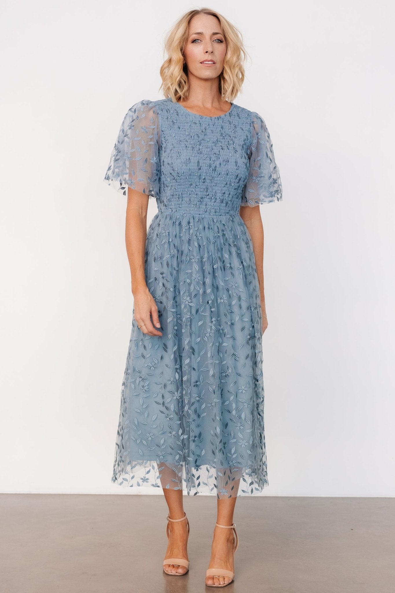 Kendra Embroidered Dress | Dusty Blue