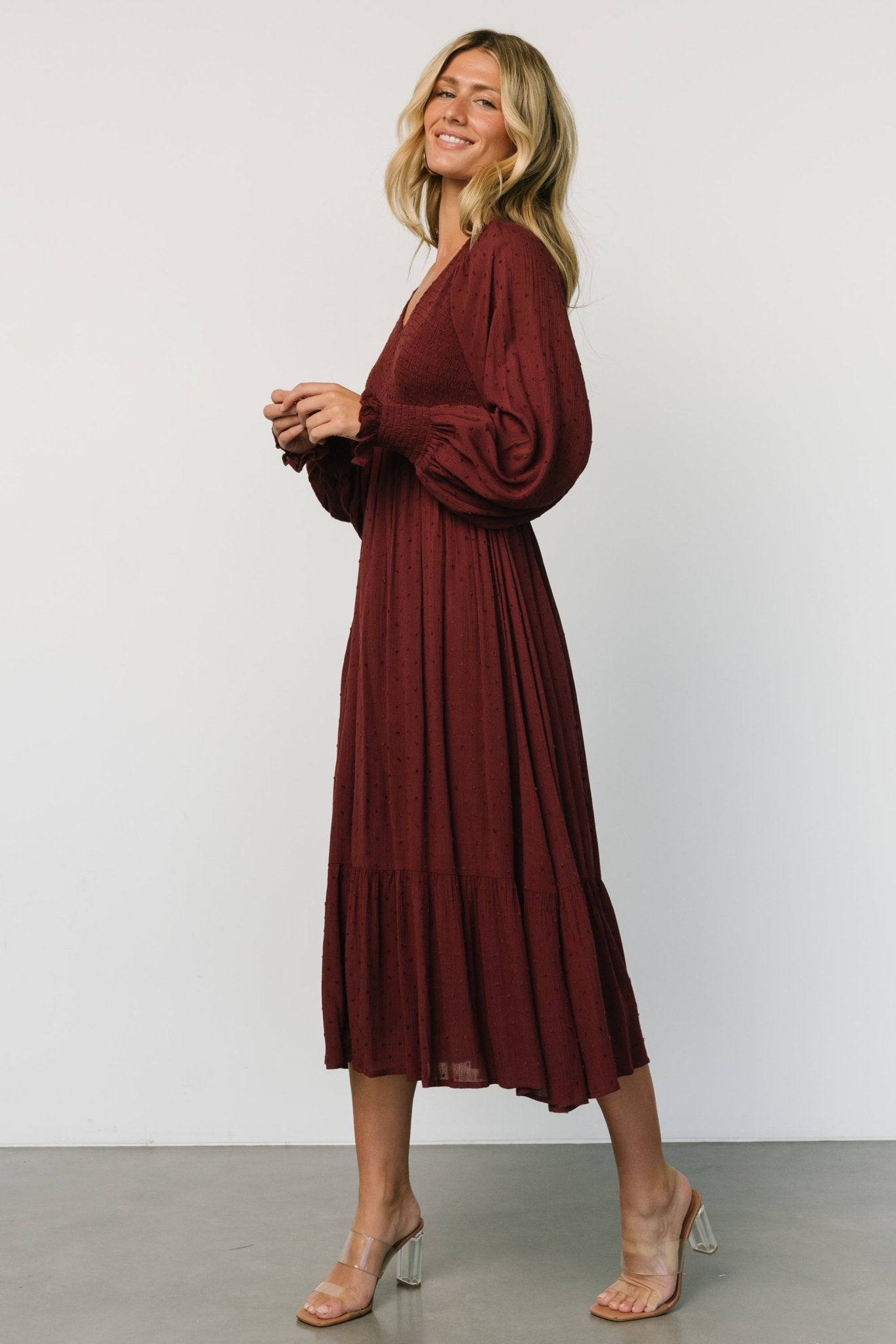 Lainey Smocked Dotted Midi Dress | Mulberry