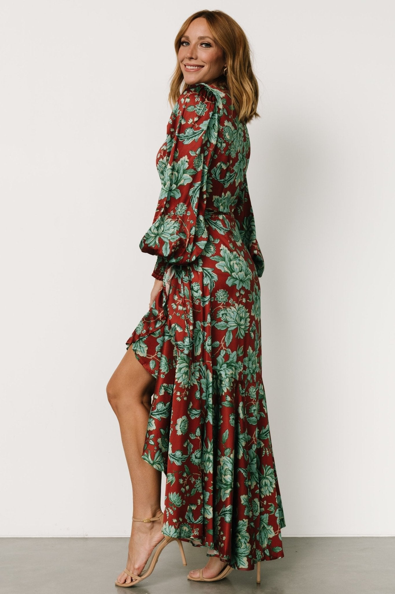 Lavinia Ruffle Maxi Dress | Rust + Green Floral