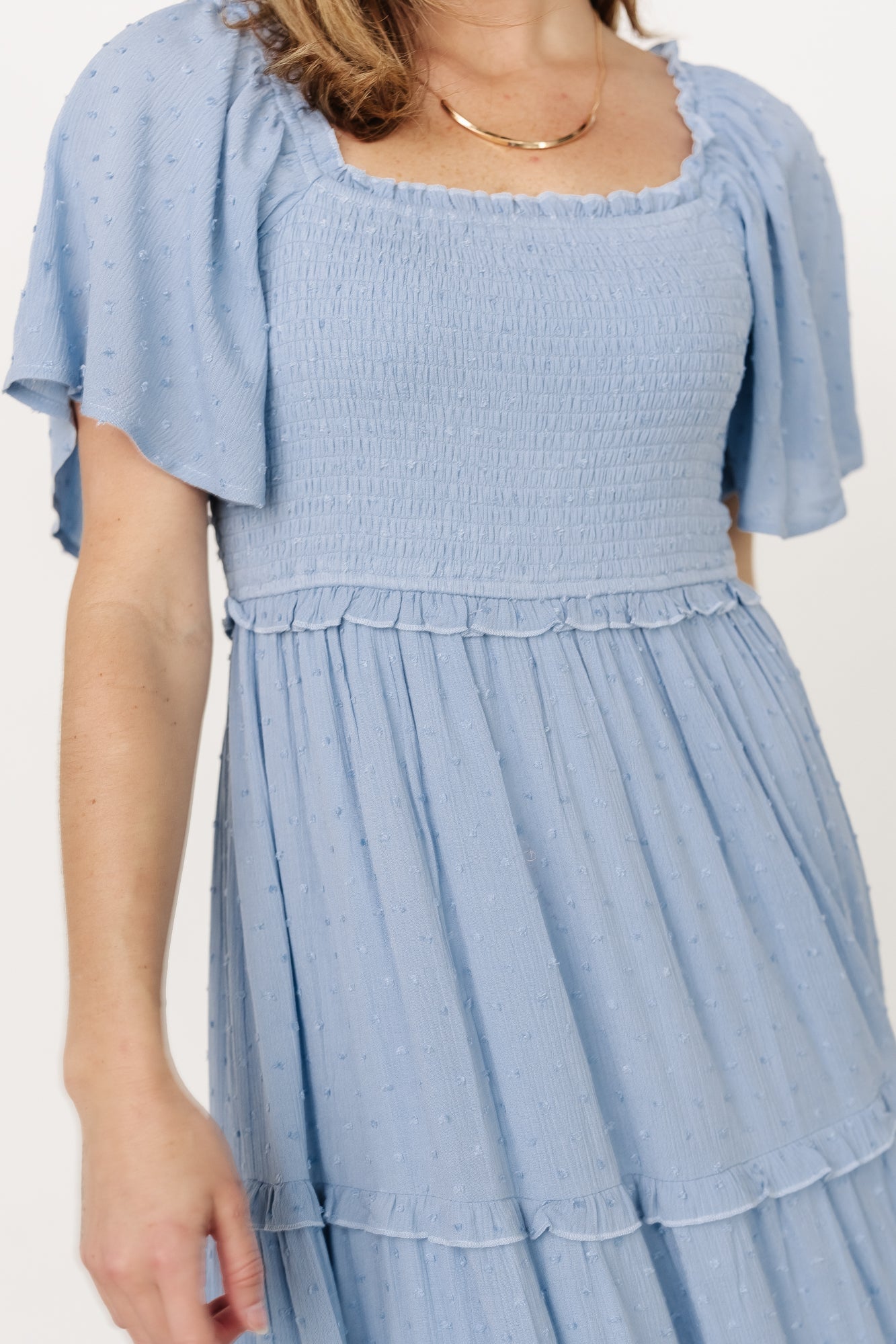Lenora Smocked Dotted Maxi Dress | Dusty Blue