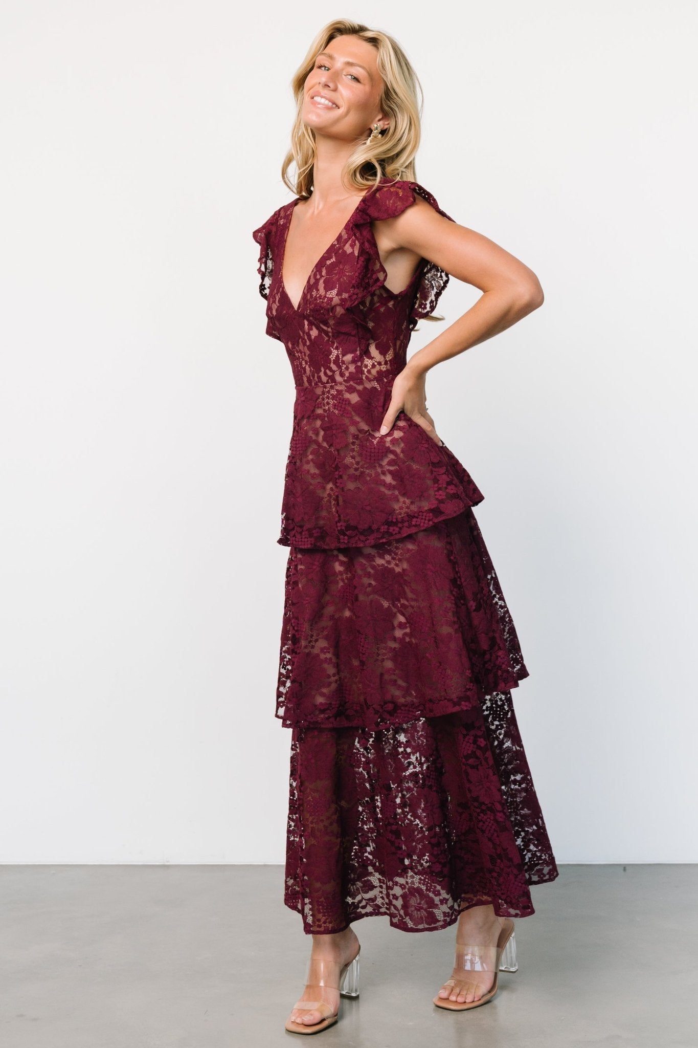 Margot Lace Tiered Maxi Dress | Wine