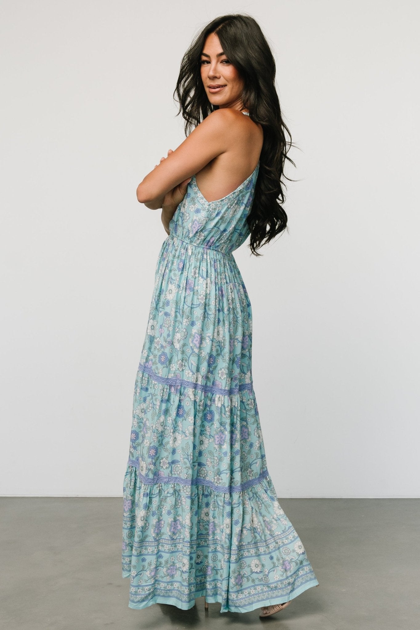 Meline Button Front Maxi Dress | Light Blue Multi