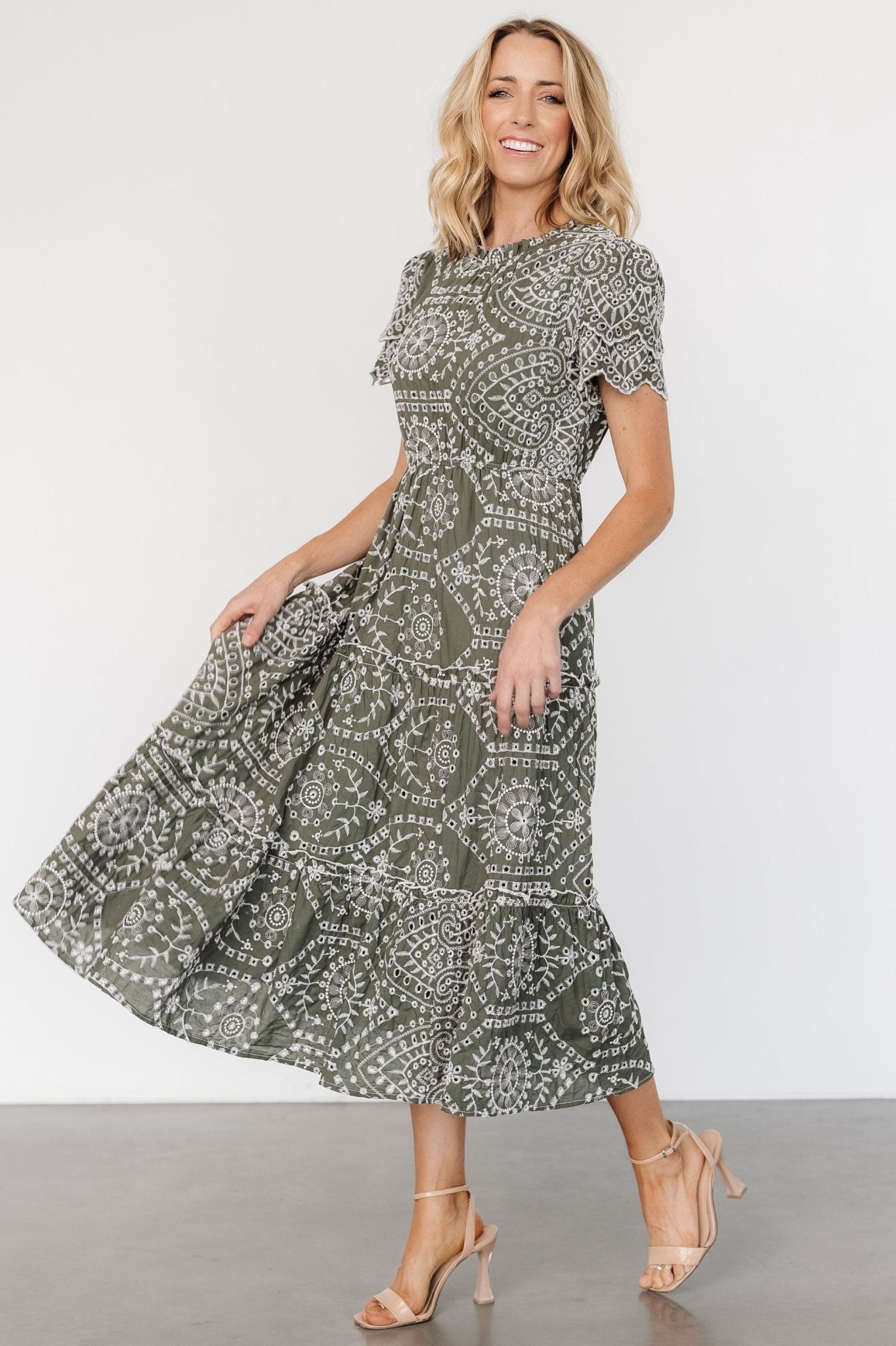 Mirabel Eyelet Midi Dress | Olive + White