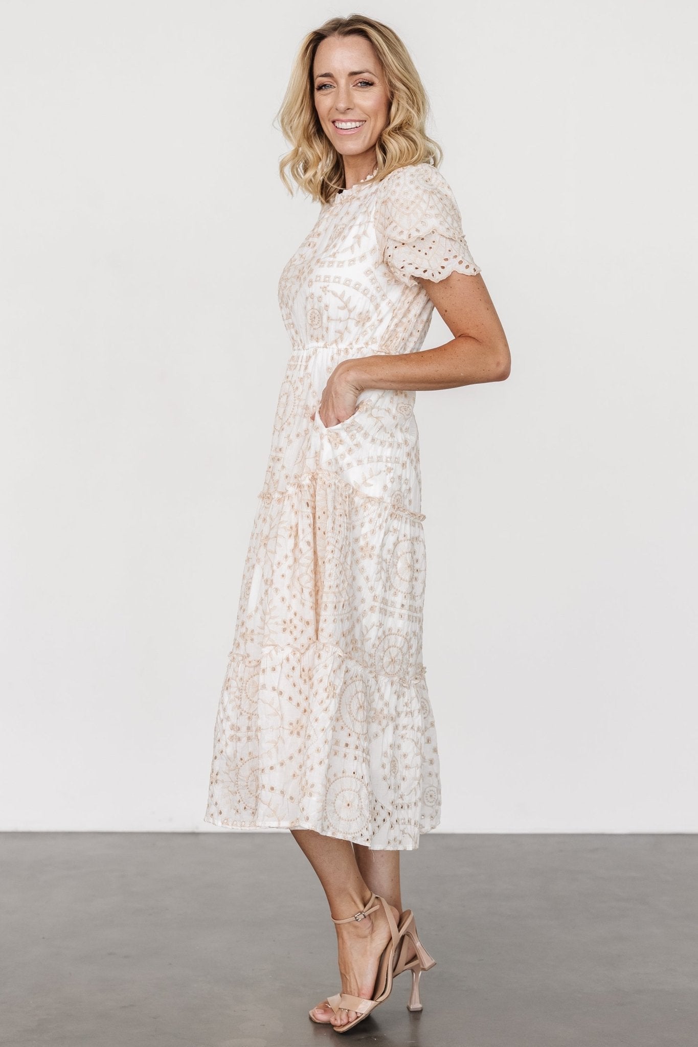 Mirabel Eyelet Midi Dress | White + Natural