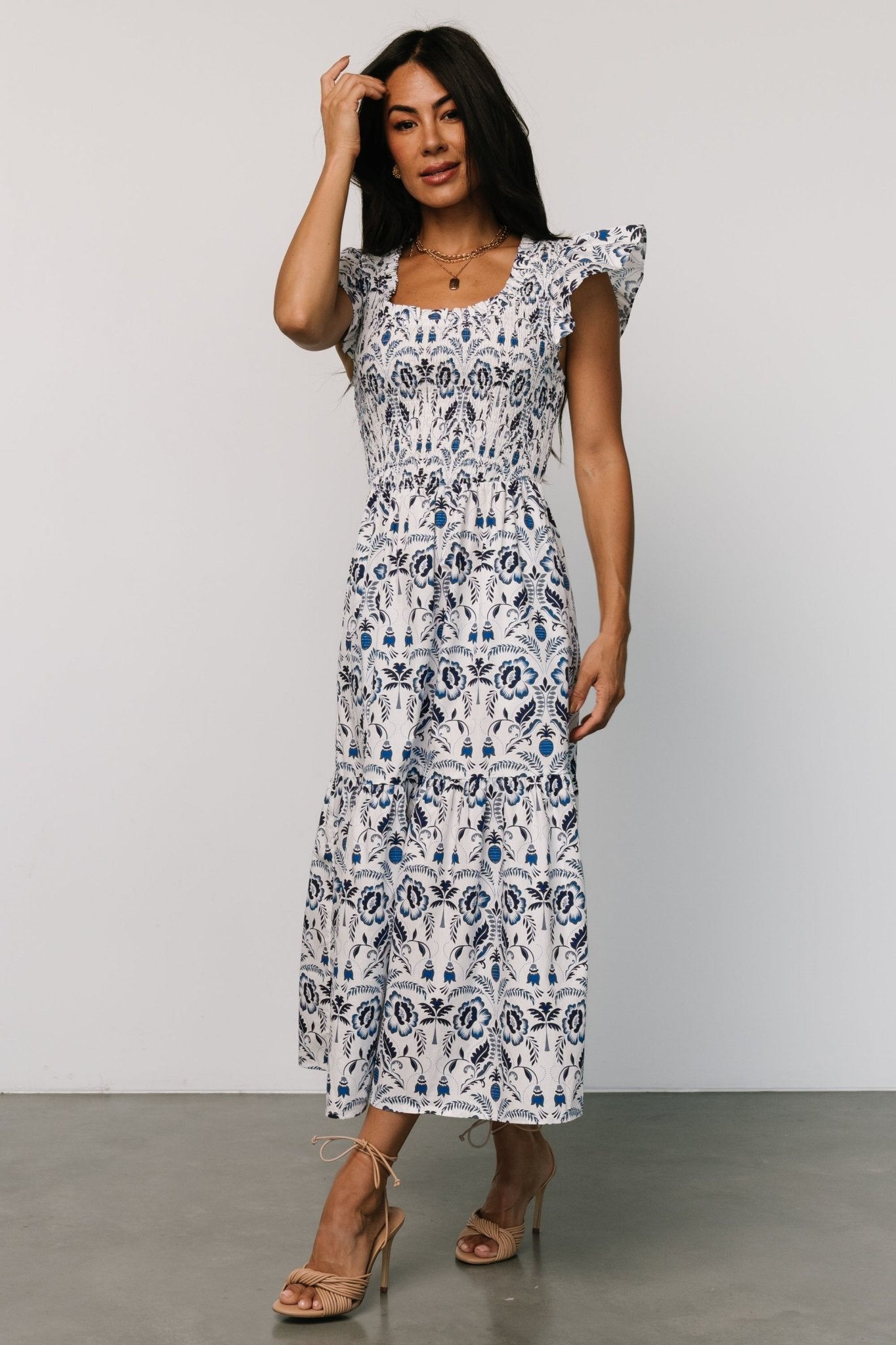 Rhodes Smocked Dress | White + Blue Print