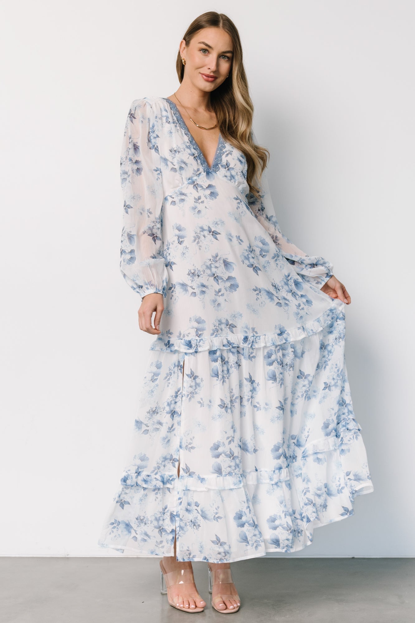 Rumi Deep V Maxi Dress | Off White + Blue Floral