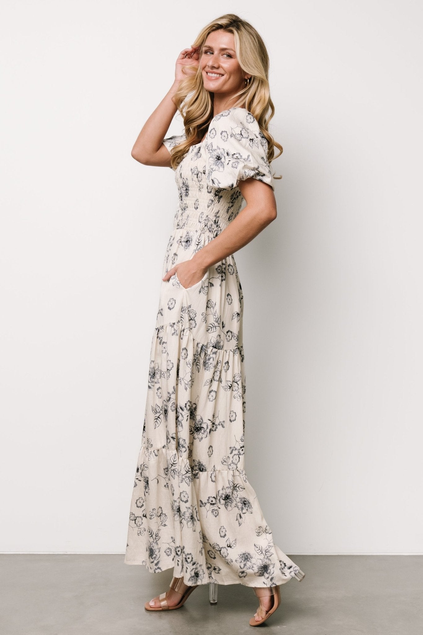 Susanna Smocked Maxi Dress | Ivory + Blue Floral