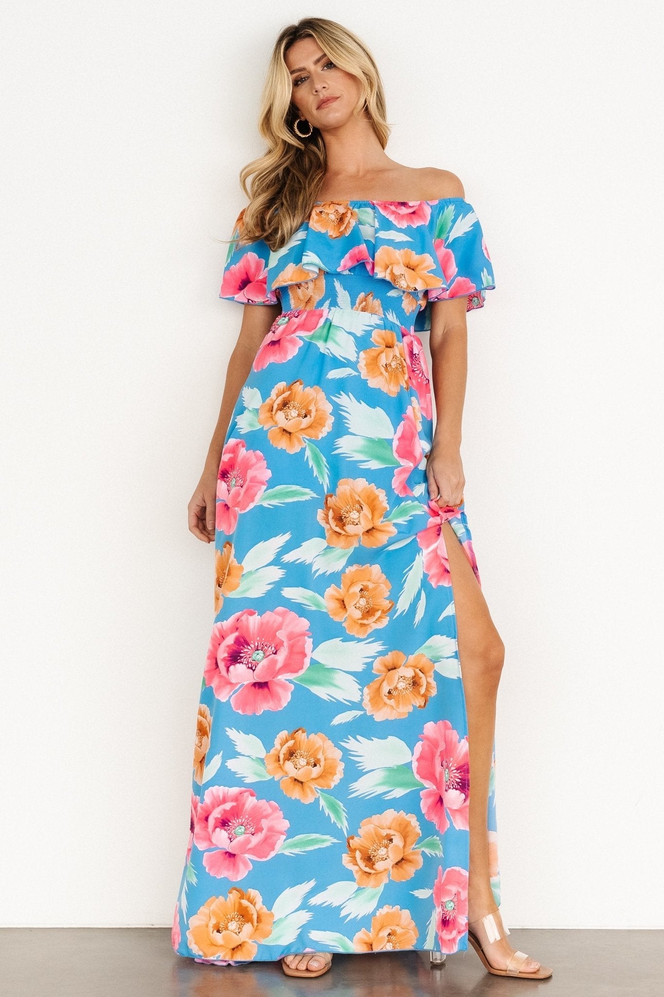 Talia Off Shoulder Maxi Dress | Sea Blue Floral