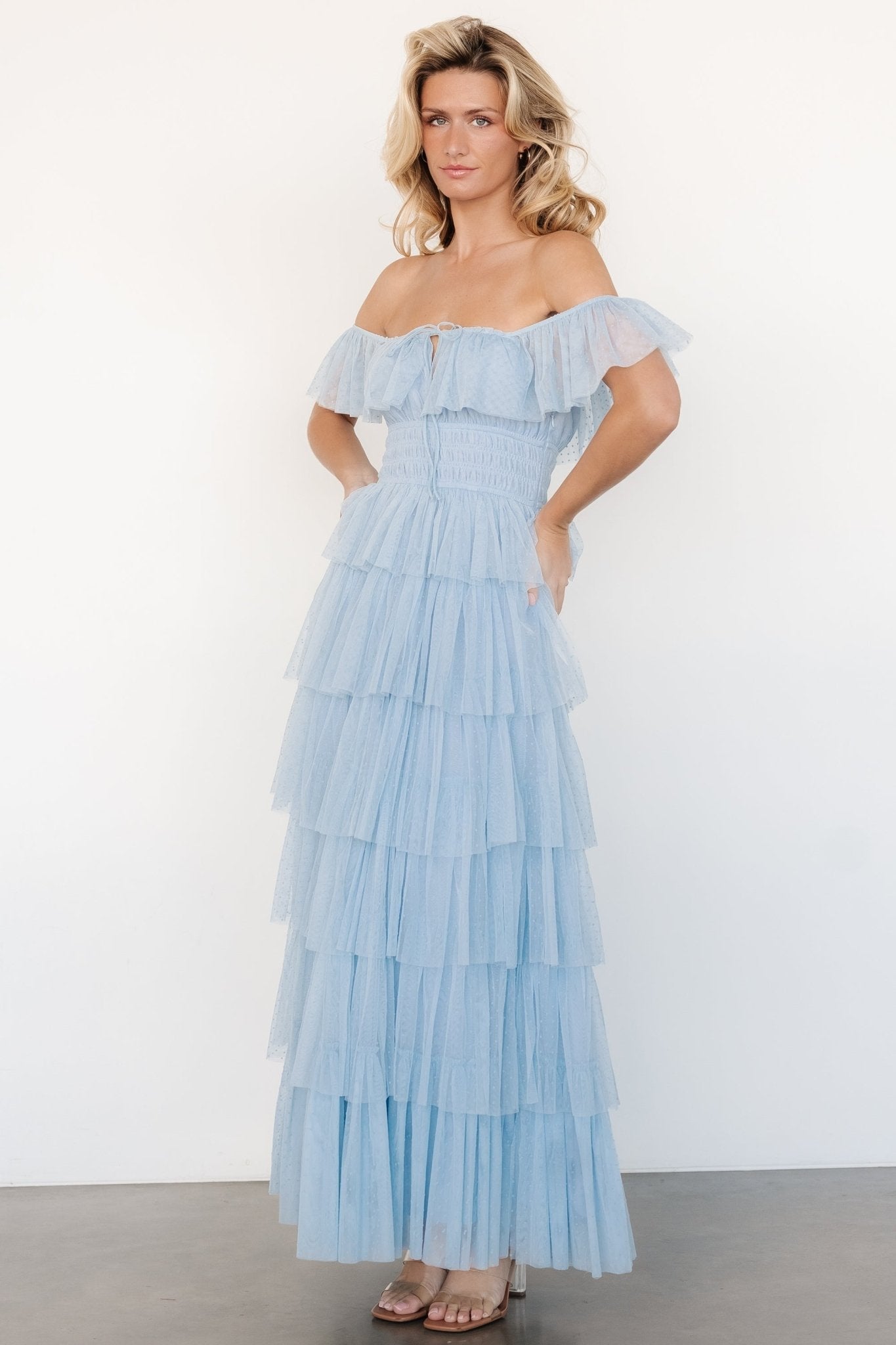 Valora Swiss Dot Tulle Maxi Dress | Light Blue