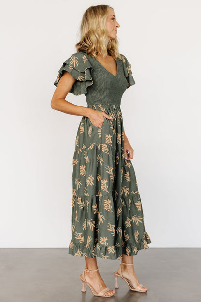 Estelle Smocked Midi Dress | Green + Tan Print