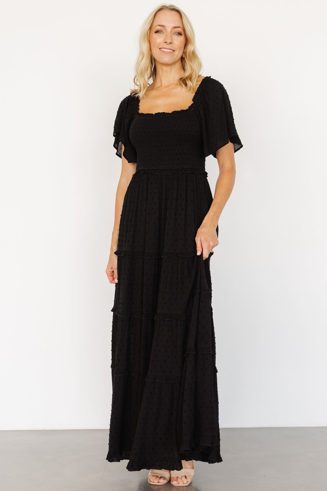 Lenora Smocked Dotted Maxi Dress | Black