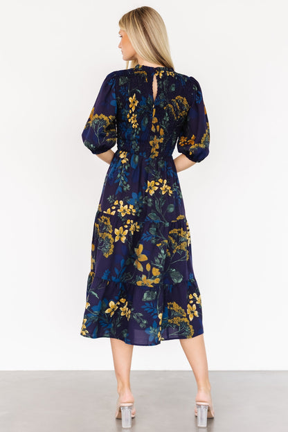 Lena Tiered Midi Dress | Navy + Gold Floral