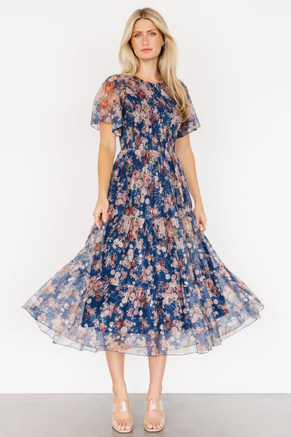 Mara Embroidered Tulle Dress | Dark Blue Multi Floral