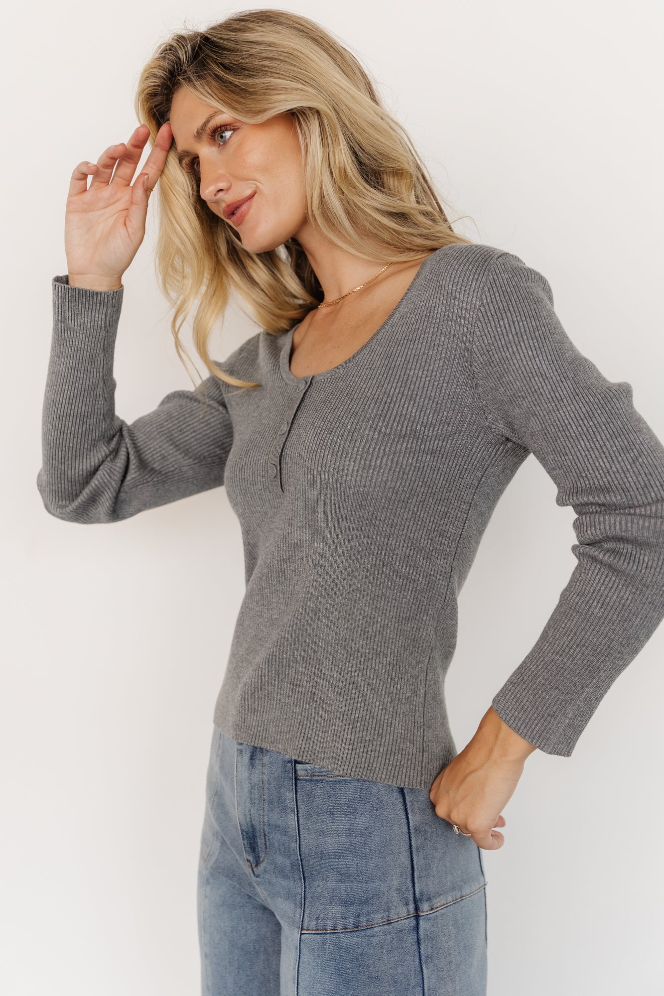 Leo Ribbed Henley Top | Gray