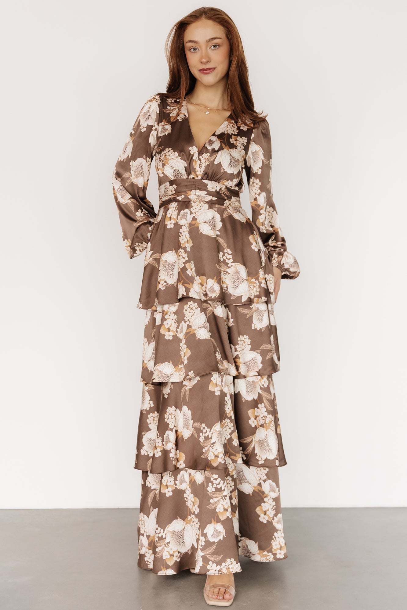 Montrouge Tiered Satin Dress | Mocha Floral