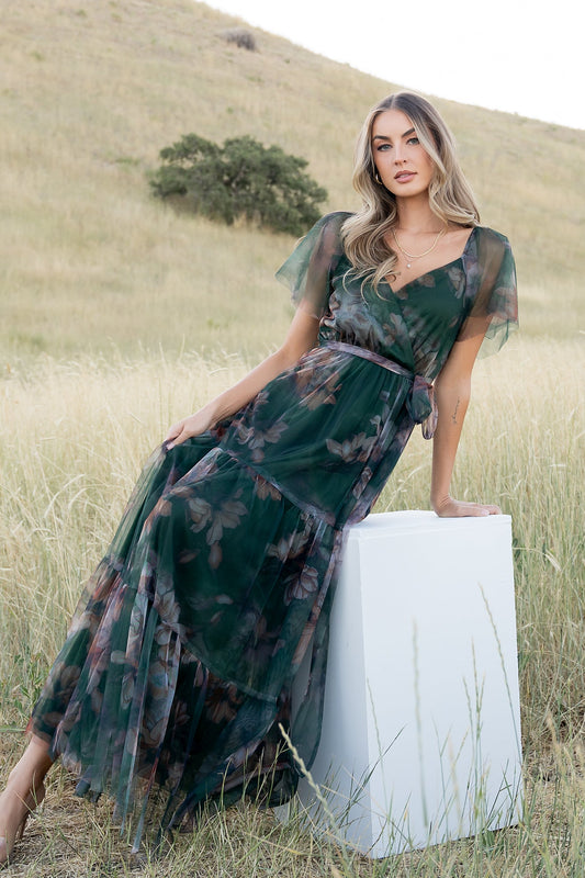 Nicola Tulle Maxi Dress | Deep Green Floral