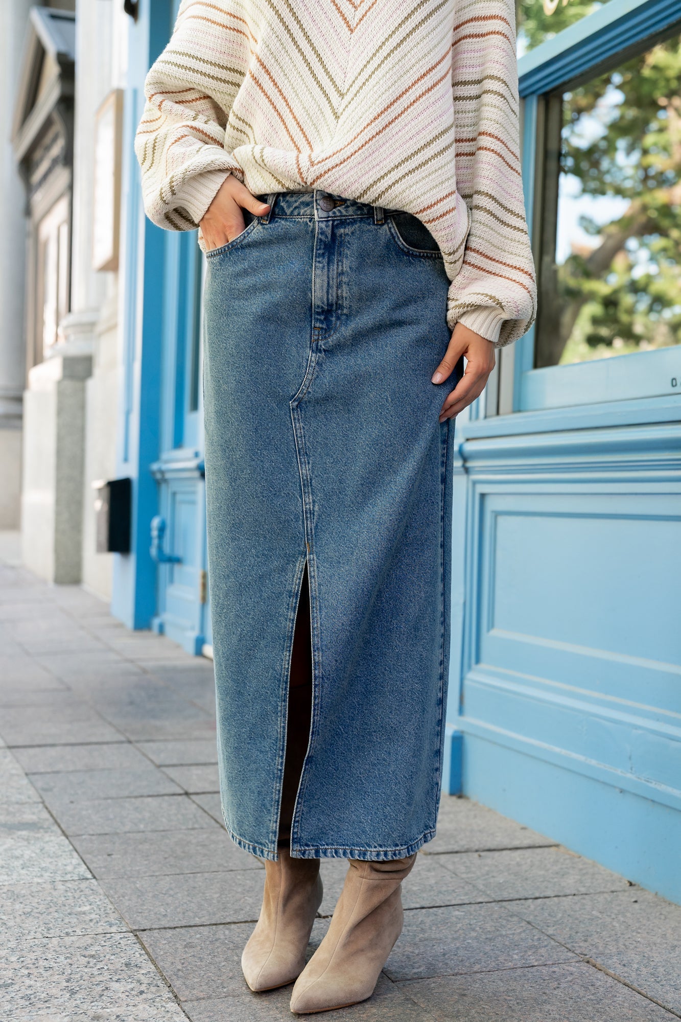 Aleksa Denim Midi Skirt | Medium Wash