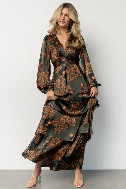 Montrouge Tiered Satin Dress | Olive Floral