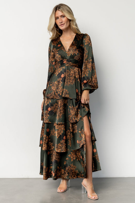 Montrouge Tiered Satin Dress | Olive Floral