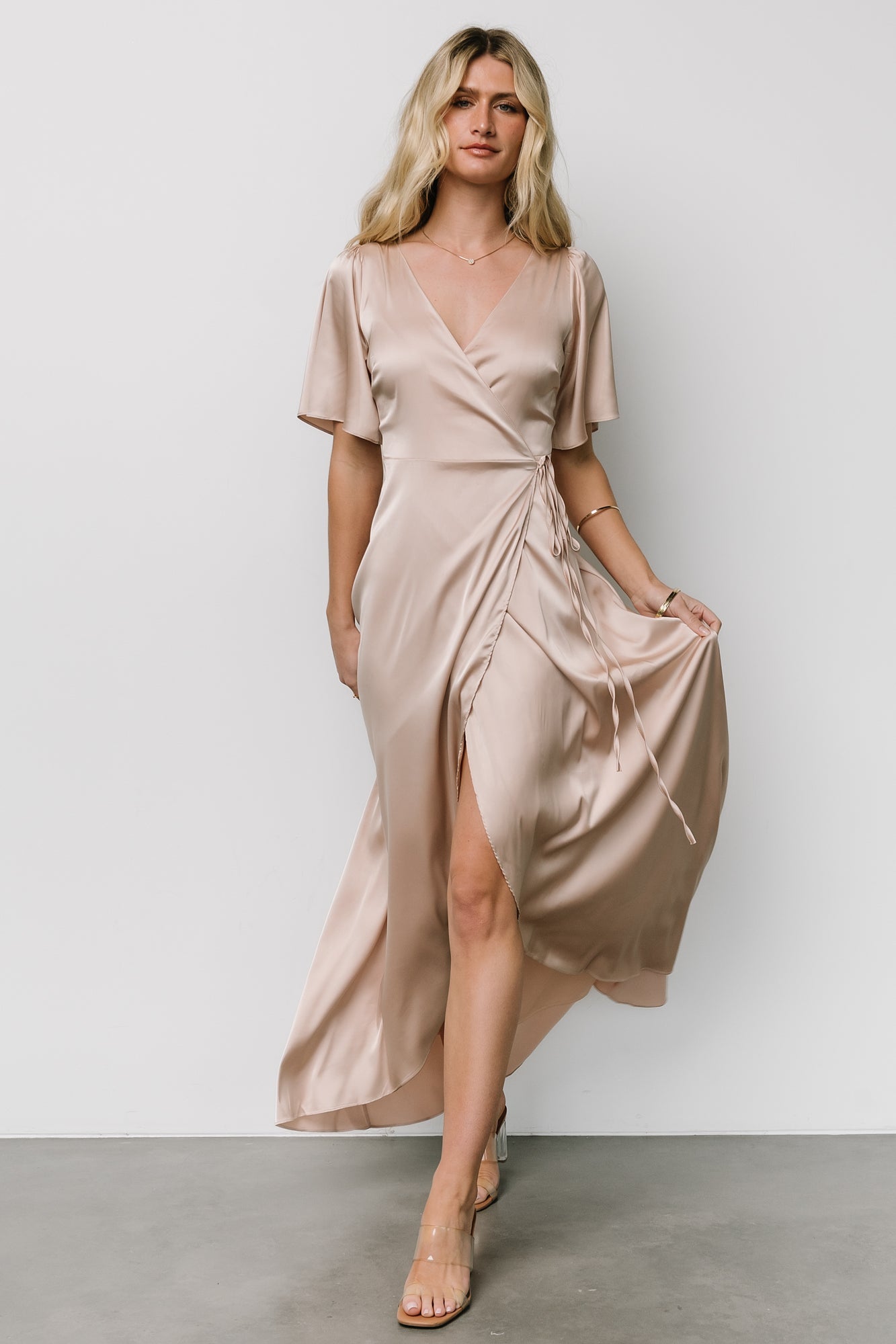 Vara Satin Maxi Wrap Dress | Champagne
