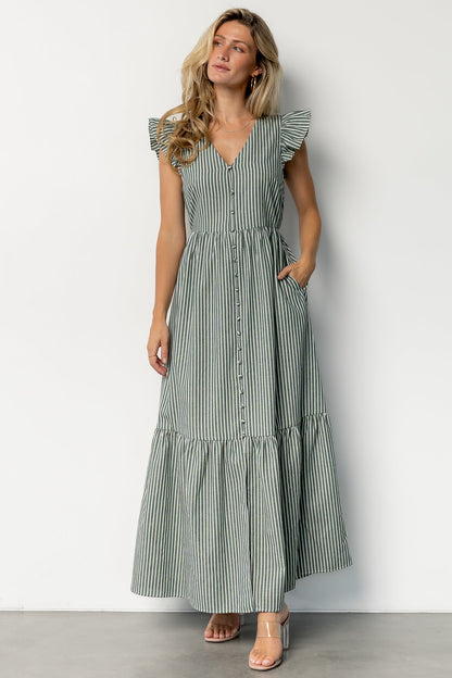 Hettie Button Maxi Dress | Green Stripe
