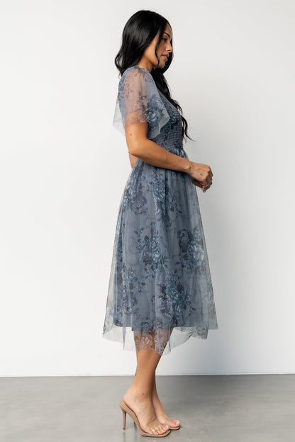 Josie Tulle Midi Dress | Dusty Blue Floral