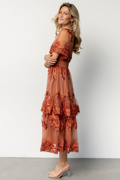 Lotte Embroidered Midi Dress | Rust