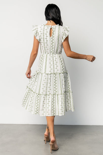 Frida Embroidered Midi Dress | White + Green Print