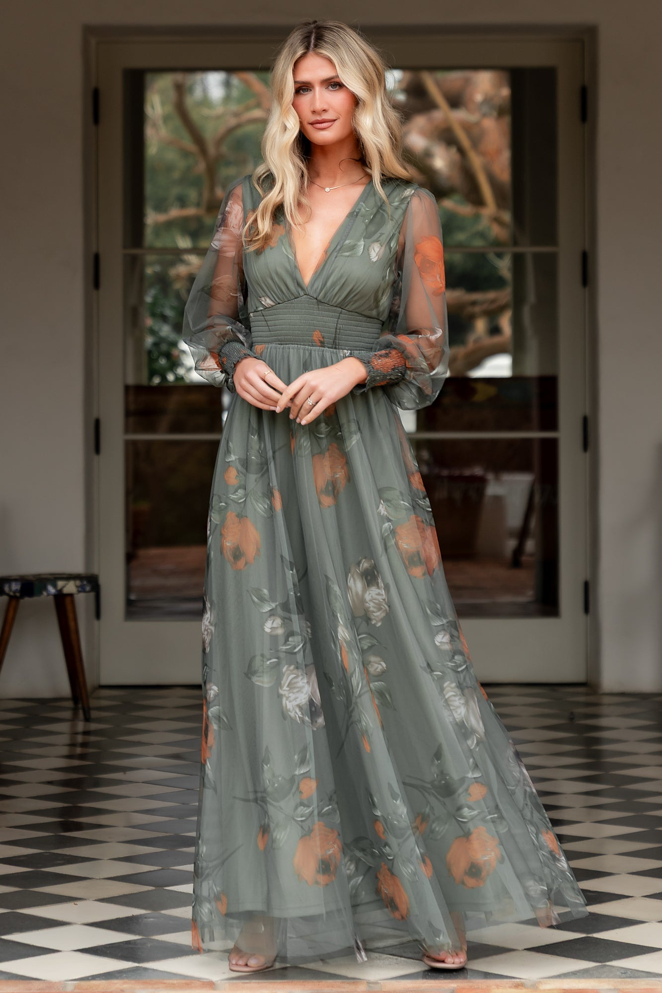 Layla Tulle Maxi Dress | Dusty Olive Floral